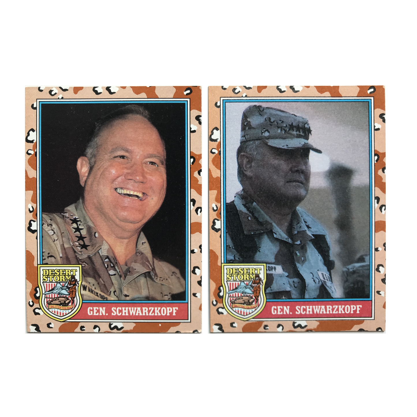 Two trading cards featuring General Schwarzkopf with camouflage border